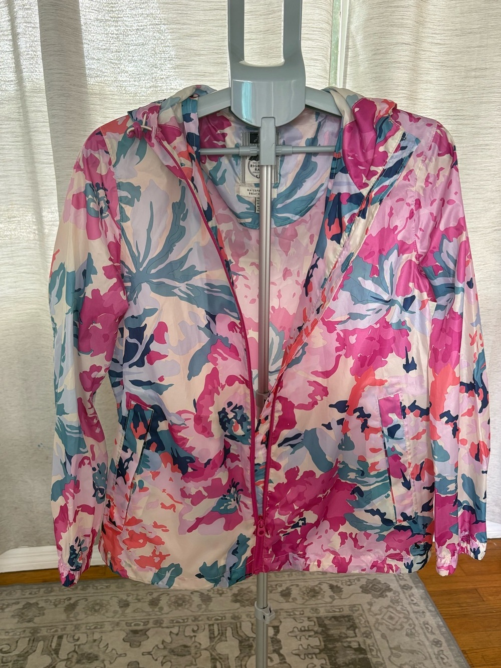Joules Right As Rain Floral Waterproof Hooded Rain Jacket US 10 Pink Blue - Picture 2 of 6
